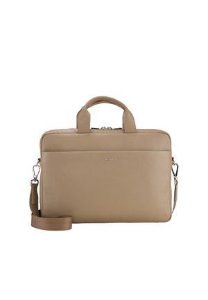 Beige Laptop-Tasche aus Leder mit strukturiertem Finish, zwei oberen Griffen und einem abnehmbaren Schultergurt. Verfügt über eine Fronttasche und silberne Hardware.
