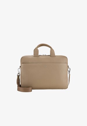 Borsa per laptop in pelle beige con finitura testurizzata, doppie maniglie superiori e una tracolla rimovibile. Caratterizzata da una tasca anteriore e dettagli in metallo argentato.