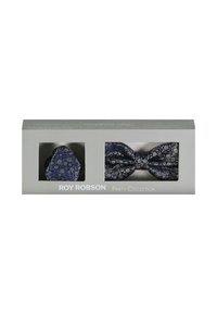Papillon blu navy e fazzoletto coordinato con motivi floreali decorativi, presentati in una scatola grigia etichettata "Roy Robson Party Collection."