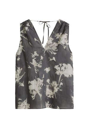 Ärmellose graue Bluse mit weißem Blumenmuster, V-Ausschnitt und dünner Bindung am Rückenausschnitt.