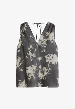 Szara bluzka bez rękawów z białym kwiatowym nadrukiem, z dekoltem w serek i cienkim wiązaniem z tyłu przy szyi.