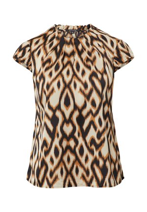 Bluzka z krótkim rękawem w kremowym kolorze z czarnym i brązowym abstrakcyjnym wzorem, z marszczonym dekoltem i miękką fakturą materiału.