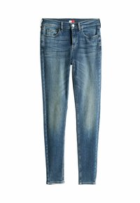 Donkerblauwe denim jeans met een slim fit, vijf zakken ontwerp en een lichte vervaging op de dijen. Inclusief metalen knoopsluiting en riemlussen.