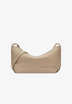 Beige Leder Schultertasche mit geschwungenem Design. Verfügt über ein geprägt Logo, einen einzelner Träger und eine glatte Textur. Reißverschlussverschluss an der Oberseite.