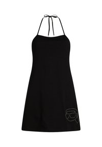 Fekete pánt nélküli nyakbakötős ruha, nyaknál megkötővel és a jobb oldalon, az aljánál egy apró, strasszkövekből kirajzolt arc körvonalával.