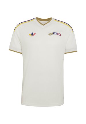 Maillot de sport blanc à col en V avec bordure dorée, rayures multicolores sur les épaules, logo Adidas et texte "VENEZUELA" aux couleurs nationales sur la poitrine.