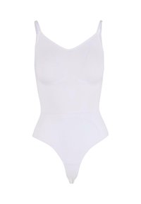 Body bianco con spalline sottili, design senza cuciture, texture morbida e scollo a V. Presenta una gamba alta e uno stile di culotte.