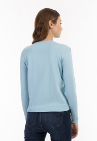 Maglione lavorato a maglia di colore azzurro chiaro con maniche lunghe e scollatura rotonda. Presenta polsini e orlo a coste, una texture morbida e una silhouette aderente.