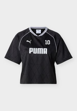 Čierny športový dres Puma s bielym nápisom "PUMA", číslom 10 na prednej strane, krátkymi rukávmi a vzorovaným bielym lemovaným výstrihom do V.