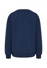 Granatowa bluza z długim rękawem z prążkowanymi mankietami i pasem, pokazana od tyłu na białym tle.