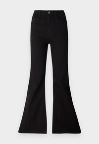 Black flared jeans made of denim, featuring a high waist, front pockets, and a large opening at the hems for a wide-leg silhouette.