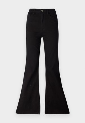 Svarte flared jeans laget av denim, med høy midje, frontlommer og en stor åpning ved kanten for en vid benprofil.