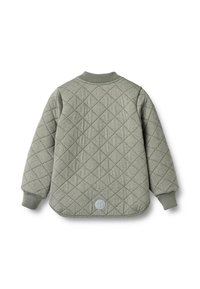 Quilted green jacket featuring a textured diamond pattern, ribbed collar and cuffs, and a circular logo accent on the lower back.