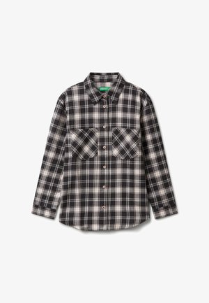 Black, white, and gray plaid long-sleeve button-up shirt with two chest pockets and a classic collar.