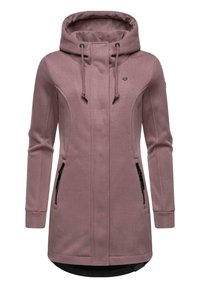 Long pink hoodie with a textured fabric, adjustable hood, front zipper pockets, and a straight hem. Features minimal hardware accents.
