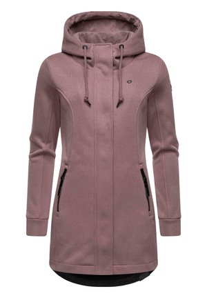 Long pink hoodie with a textured fabric, adjustable hood, front zipper pockets, and a straight hem. Features minimal hardware accents.