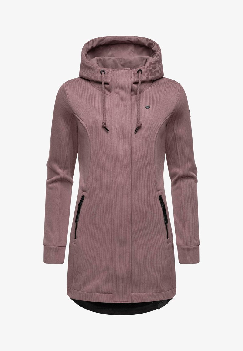 Felpa lunga rosa con tessuto textured, cappuccio regolabile, tasche con zip frontali e orlo dritto. Presenta accenti hardware minimi.