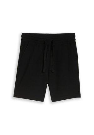 Schwarze kurzgestrickte Shorts mit elastischem Bund und Kordelzug, mit seitlichen Taschen und einer Länge bis zur Mitte des Oberschenkels.