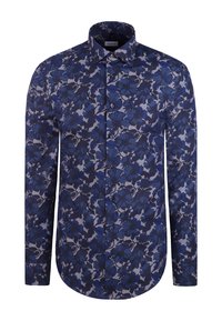 Koszula w kwiaty w ciemnym niebieskim kolorze z jasnoniebieskimi akcentami, z zapięciem na guziki z przodu, długimi rękawami, zaokrąglonym dołem i szczegółowym wzorem kwiatowym.