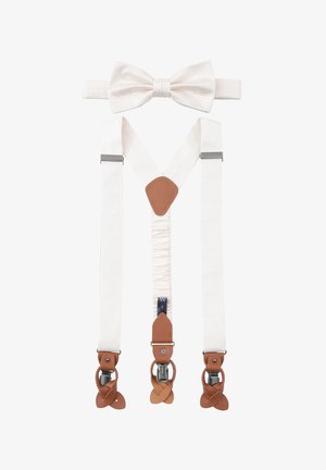 Weiße Hosenträger mit braunen Lederakzenten und Metallclips. Enthält eine passende weiße Fliege. Texturiertes Material mit gewebtem Muster.