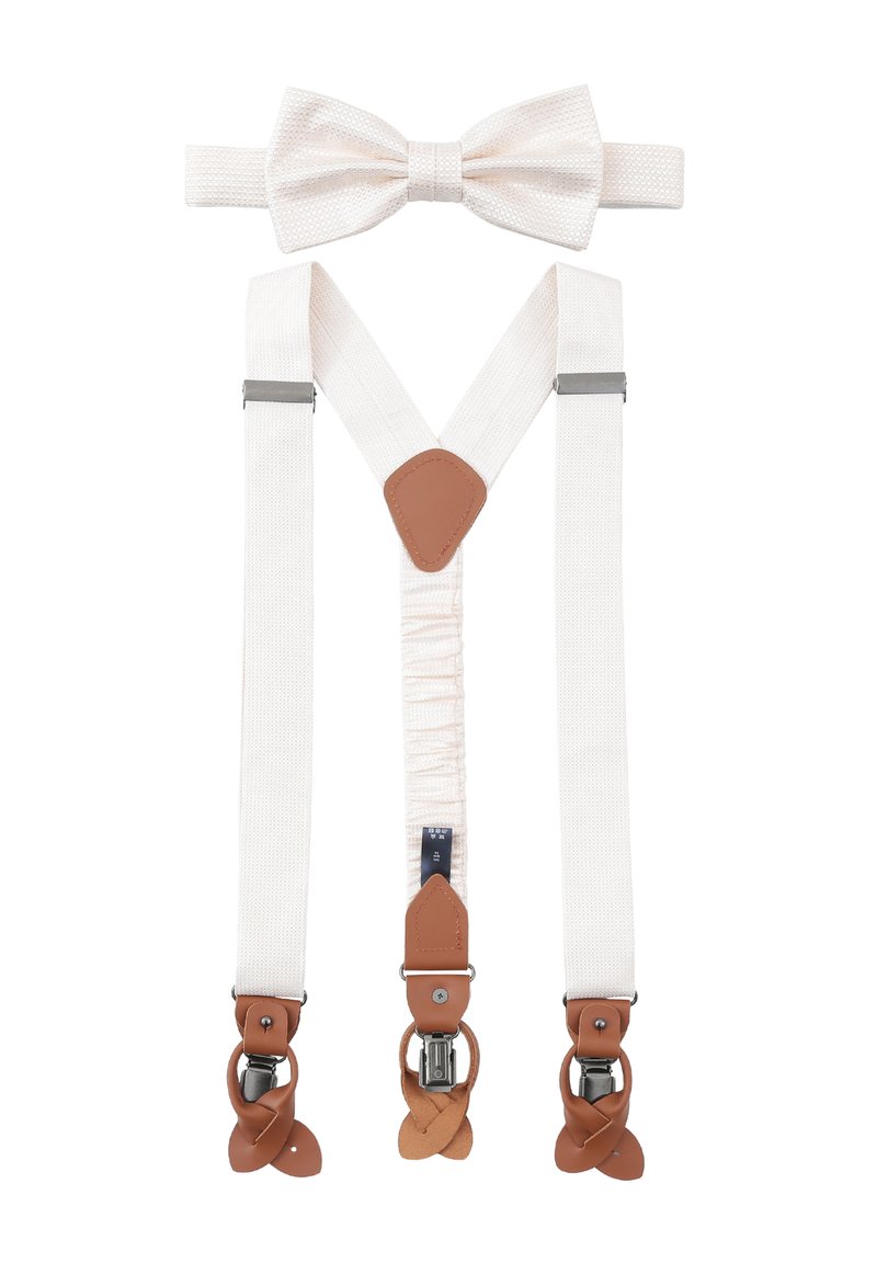 Weiße Hosenträger mit braunen Lederakzenten und Metallclips. Enthält eine passende weiße Fliege. Texturiertes Material mit gewebtem Muster.