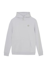 Hoodie gris clair avec une poche devant, un col à boutons et un petit logo circulaire sur la poitrine. Tissu doux et design décontracté.