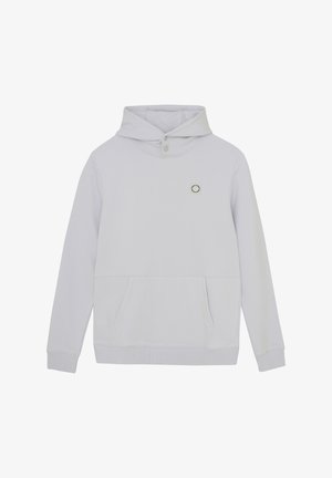 Hellgrauer Hoodie mit einer Fronttasche, geknöpftem Kragen und einem kleinen Kreislogo auf der Brust. Weicher Stoff und lässiger Schnitt.