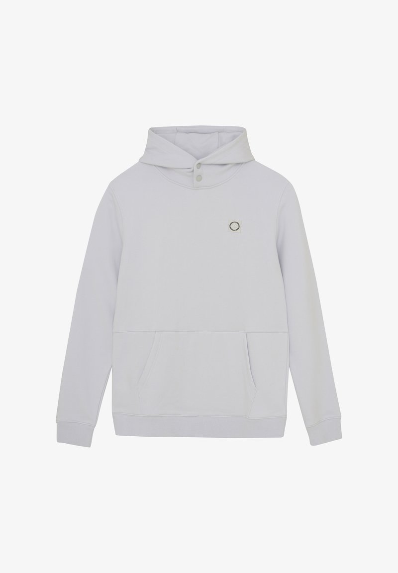 Lichtgrijze hoodie met een voorzak, knoopsluiting bij de hals en een klein cirkelvormig logo op de borst. Zachte stof en een relaxte pasvorm.