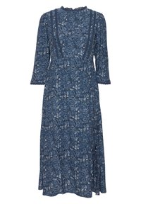Vestito floreale blu realizzato in tessuto morbido, con collo alto, maniche a tre quarti, rifiniture in pizzo e una gonna fluida con una leggera forma ad A.
