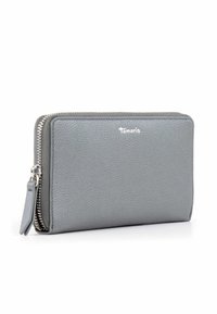 Gray leather wallet with a textured finish, zippered closure, and silver-tone hardware. Features a logo embossed on the front.