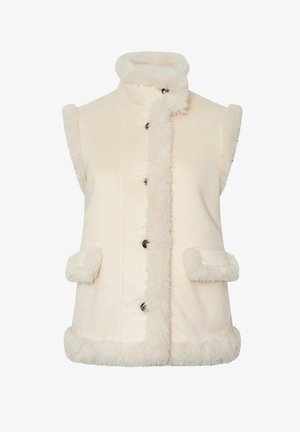 Crème vest met een nepbont kraag en afwerking, voorzien van een knoopsluiting aan de voorkant en twee zakken aan de voorkant, gemaakt van zachte, gestructureerde stof.