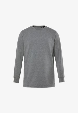 Gray long-sleeve shirt made of soft fabric, featuring a crew neckline and ribbed cuffs. Simple, solid color with a smooth texture.