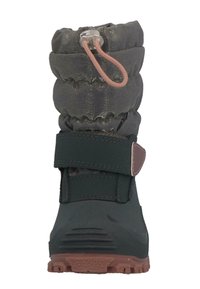 Čierna nepremokavá obuv s nadýchanou, lesklou šedou hornou časťou. Obsahuje hnedý elastický šnúrku a zapínanie na suchý zips. Textúrovaná gumová podrážka.