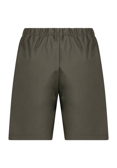 Pantaloni corti verde oliva scuro con vita elastica, taglio dritto e superficie liscia. Senza tasche visibili o decorazioni.
