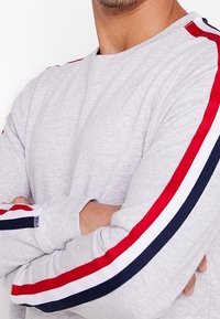 Sudadera gris de manga larga con detalles a rayas rojas y azul marino a lo largo de los brazos. Textura suave, cuello redondo, ajuste relajado.