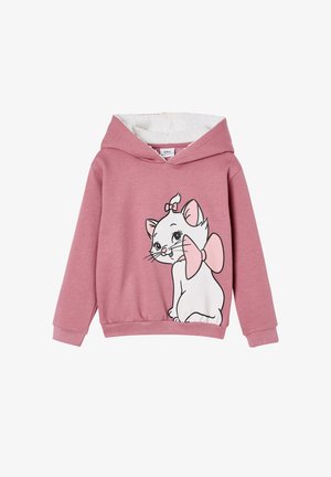 Pink hoodie with a white cat graphic featuring a pink bow. Constructed from soft material, with a lined inside and a kangaroo pocket.