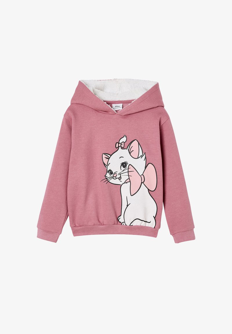 Pink hoodie with a white cat graphic featuring a pink bow. Constructed from soft material, with a lined inside and a kangaroo pocket.