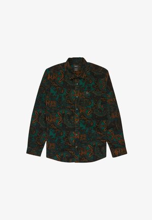 Chemise à manches longues avec un fond sombre ornée de motifs floraux complexes verts et orange, fermeture à boutons sur le devant et poche poitrine.
