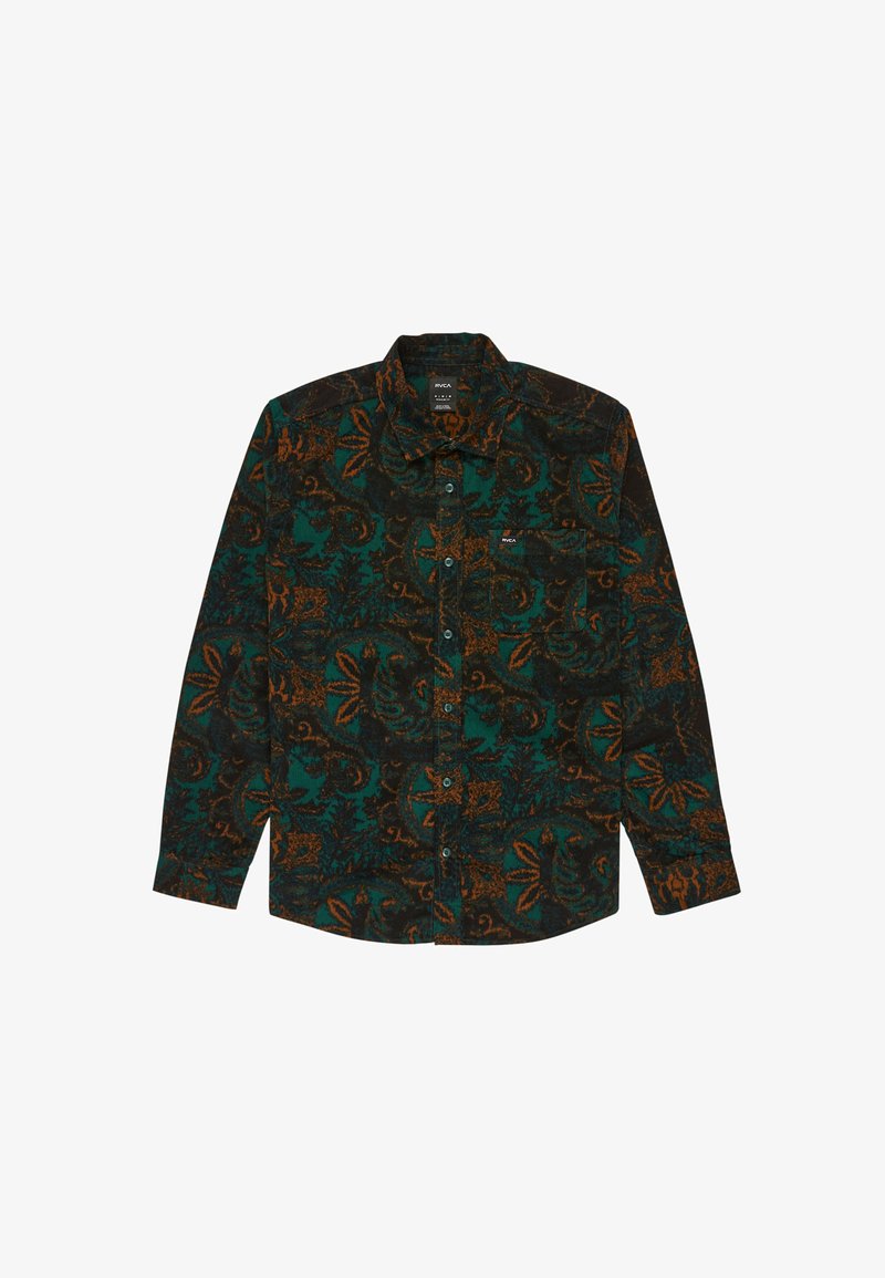 Langarm overhemd met een donkere achtergrond en ingewikkelde groene en oranje bloemenpatronen, knoopsluiting aan de voorkant en een borstzak.