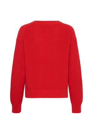 Maglione lavorato a maglia di colore rosso brillante con maniche lunghe, polsini e orlo a coste e scollo rotondo, mostrato di schiena su sfondo bianco.
