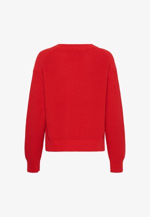 Suéter rojo brillante de punto con mangas largas, puños acanalados, dobladillo y cuello redondo, mostrado desde atrás sobre un fondo blanco.