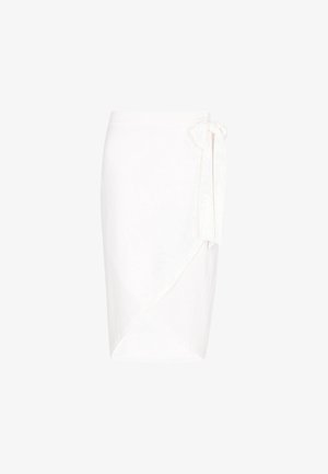 Fehér, könnyű anyagból készült, oldalt megkötős, aszimmetrikus szegélyű, sima tapintású és minimalista dizájnnal rendelkező népmániás szoknya.