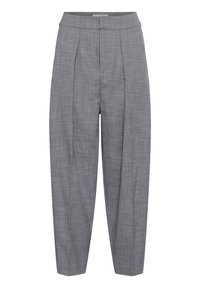 Pantaloni grigi su misura a vita alta con pieghe frontali, gambe dritte e chiusura frontale nascosta, progettati per un abbigliamento formale o da ufficio.