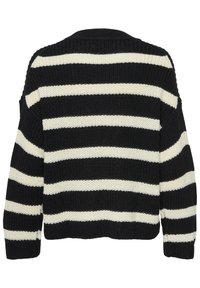 Pull en maille à rayures noires et blanches avec manches longues, vu de dos sur un fond blanc uni.
