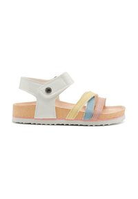 Sandalias blancas con múltiples correas de colores en amarillo, rosa y azul. Suela TEXTURADA y correa ajustable en el tobillo para un ajuste seguro.