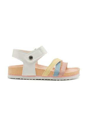 Sandalias blancas con múltiples correas de colores en amarillo, rosa y azul. Suela TEXTURADA y correa ajustable en el tobillo para un ajuste seguro.