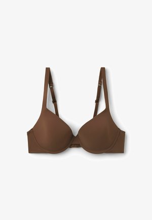 Bruine gewatteerde beha met verstelbare banden, naadloos ontwerp en haaksluiting. Gladde textuur zonder zichtbare patronen of accenten.
