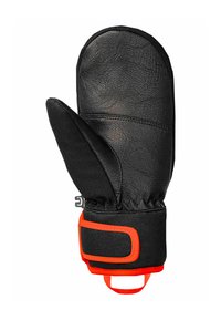 Schwarze Lederhandschuh mit einem orangefarbigen Klettverschluss, der eine runde Form und eine strukturierte Oberfläche aufweist, entworfen für Wärme und Schutz.