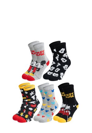 Five pairs of colorful socks featuring various Mickey Mouse designs and patterns in gray, black, red, yellow, and blue colors.