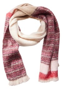Sciarpa in misto lana con motivo a righe nelle tonalità di rosa, rosso e crema, con morbidi bordi frangiati e una finitura accogliente e testurizzata.